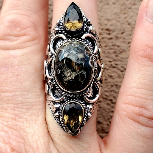 New Turtella Agate Fossil and Smoky Quartz 925 Silver Statement Ring. - Picture 15 of 16